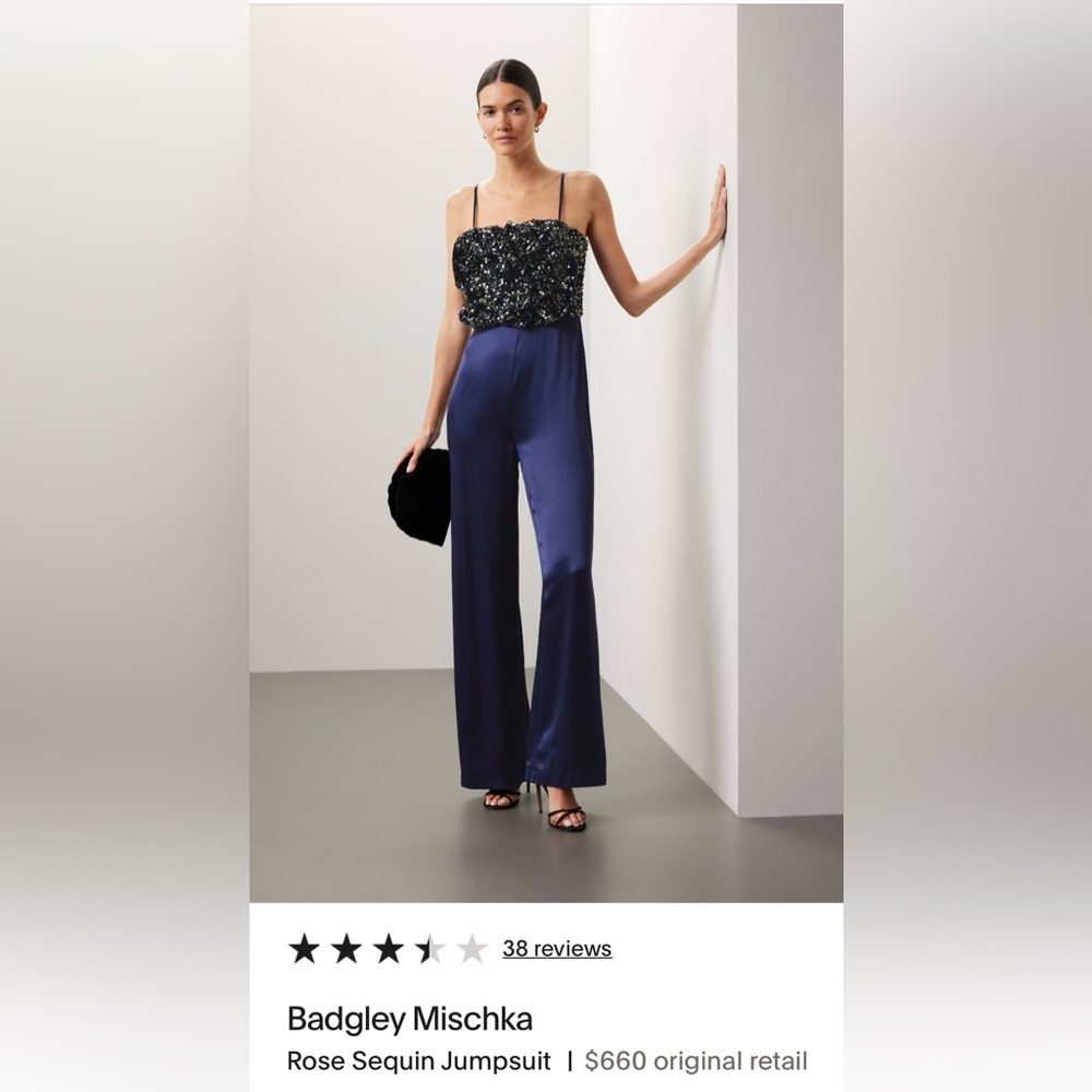 Badgley Mischka navy Blue Wide Leg Sequin Jumpsuit EUC Sz 6